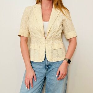 Coldwater Creek Cream 100% Cotton Short Sleeve Eyelet Notched Collar Blazer